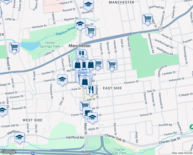 map of restaurants, bars, coffee shops, grocery stores, and more near 44 Bissell Street in Manchester