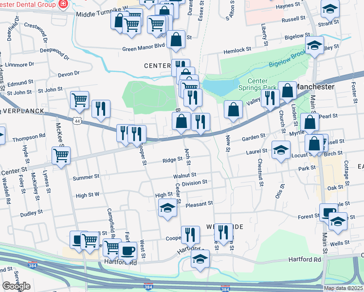 map of restaurants, bars, coffee shops, grocery stores, and more near 22 Arch Street in Manchester