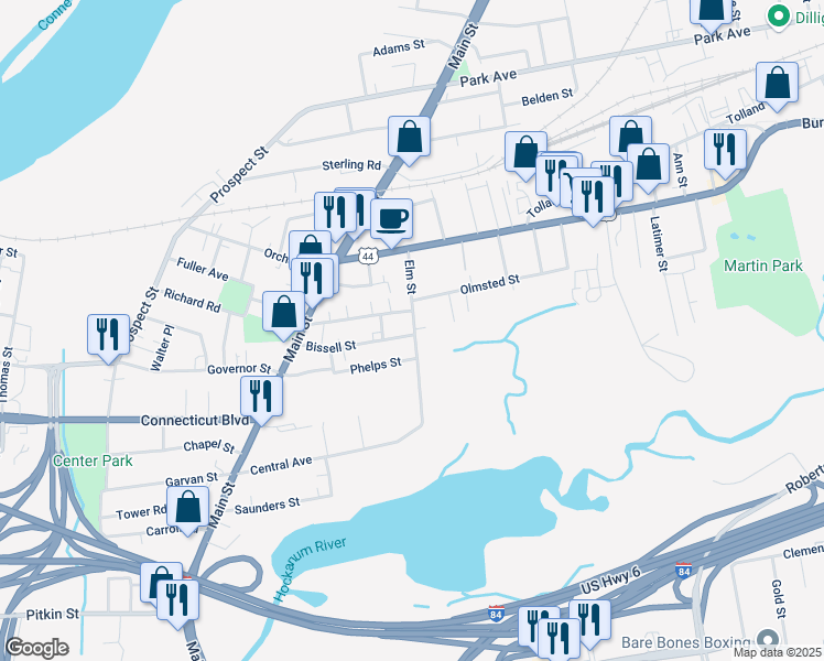 map of restaurants, bars, coffee shops, grocery stores, and more near 62 Elm Street in East Hartford