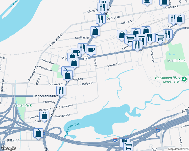 map of restaurants, bars, coffee shops, grocery stores, and more near 62 Elm Street in East Hartford