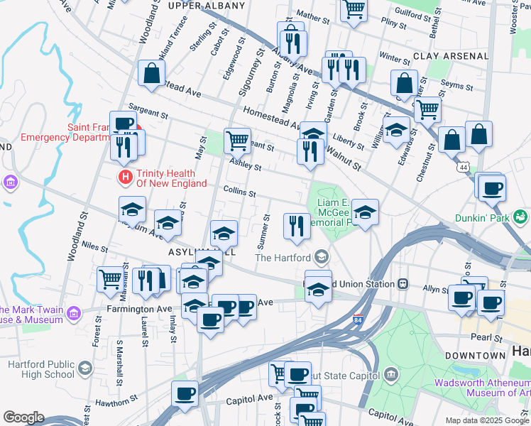 map of restaurants, bars, coffee shops, grocery stores, and more near 79 Sumner Street in Hartford