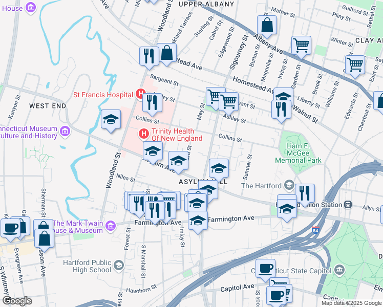 map of restaurants, bars, coffee shops, grocery stores, and more near 3450 Willard Street in Hartford