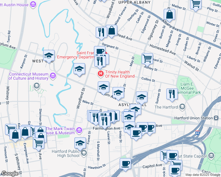 map of restaurants, bars, coffee shops, grocery stores, and more near 2 Atwood Street in Hartford