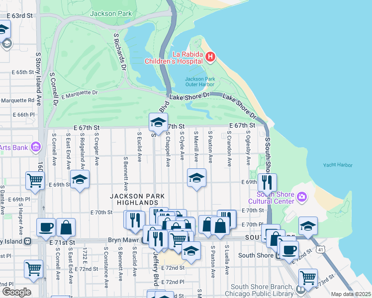 map of restaurants, bars, coffee shops, grocery stores, and more near 6752 South Merrill Avenue in Chicago