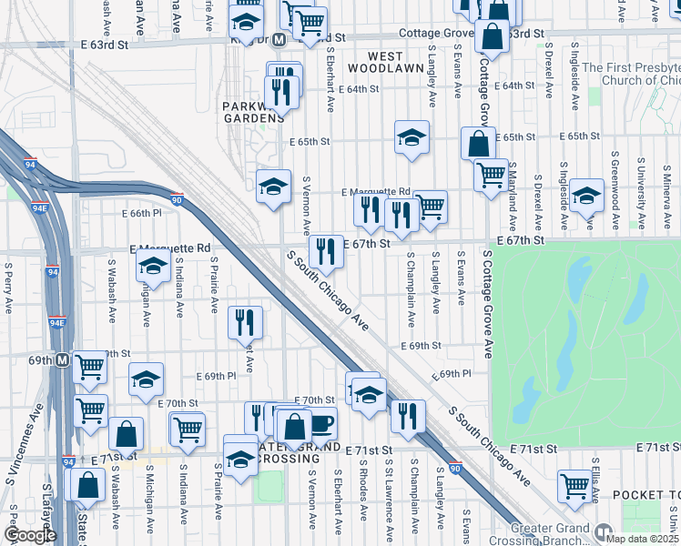 map of restaurants, bars, coffee shops, grocery stores, and more near 6732 South Rhodes Avenue in Chicago
