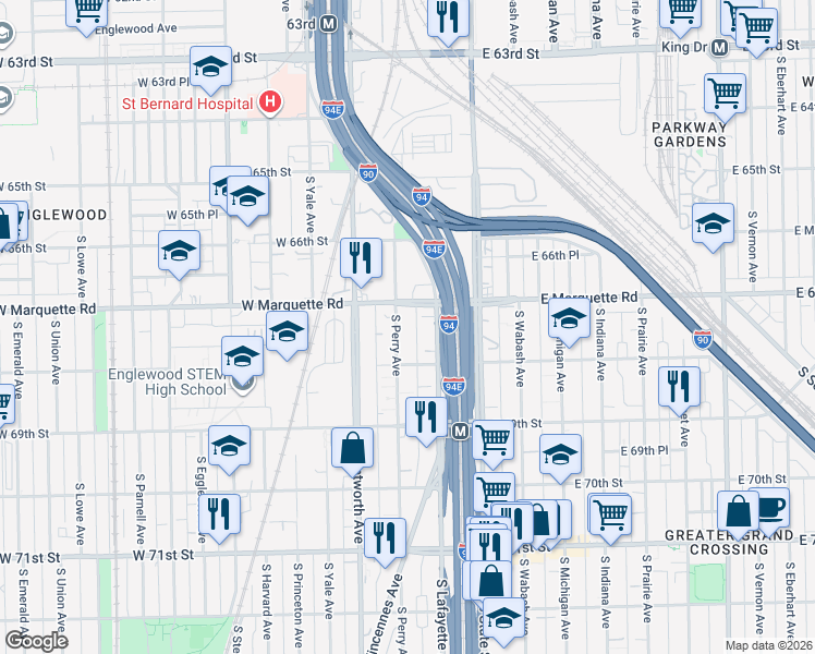 map of restaurants, bars, coffee shops, grocery stores, and more near 6724 South Perry Avenue in Chicago