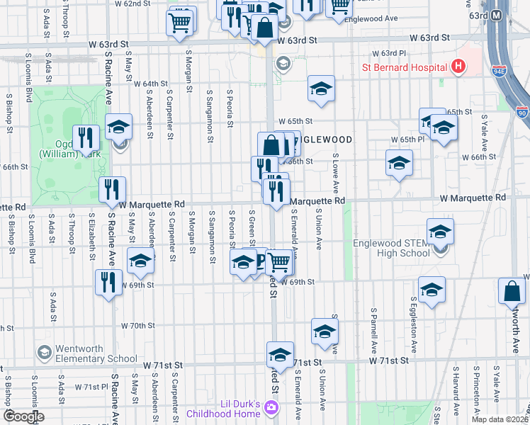 map of restaurants, bars, coffee shops, grocery stores, and more near 6710 South Halsted Street in Chicago