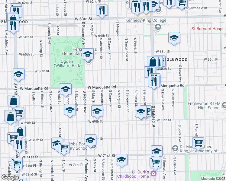 map of restaurants, bars, coffee shops, grocery stores, and more near 6710 South Carpenter Street in Chicago