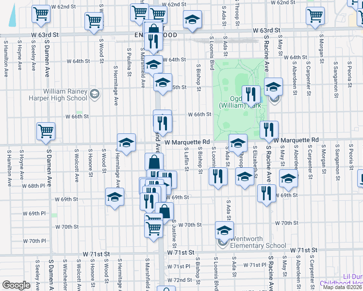 map of restaurants, bars, coffee shops, grocery stores, and more near 1457 West Marquette Road in Chicago