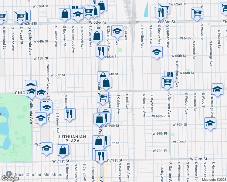 map of restaurants, bars, coffee shops, grocery stores, and more near 6658 South Oakley Avenue in Chicago