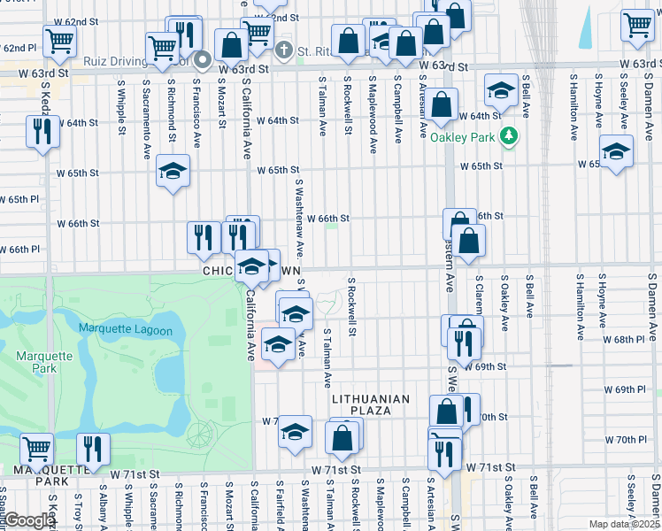 map of restaurants, bars, coffee shops, grocery stores, and more near 2636 West Marquette Road in Chicago