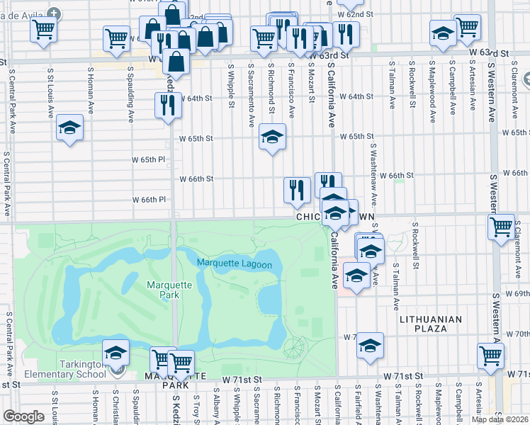 map of restaurants, bars, coffee shops, grocery stores, and more near 2946 West Marquette Road in Chicago