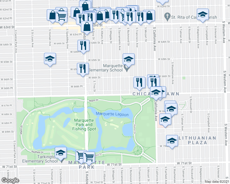 map of restaurants, bars, coffee shops, grocery stores, and more near 3030 West Marquette Road in Chicago
