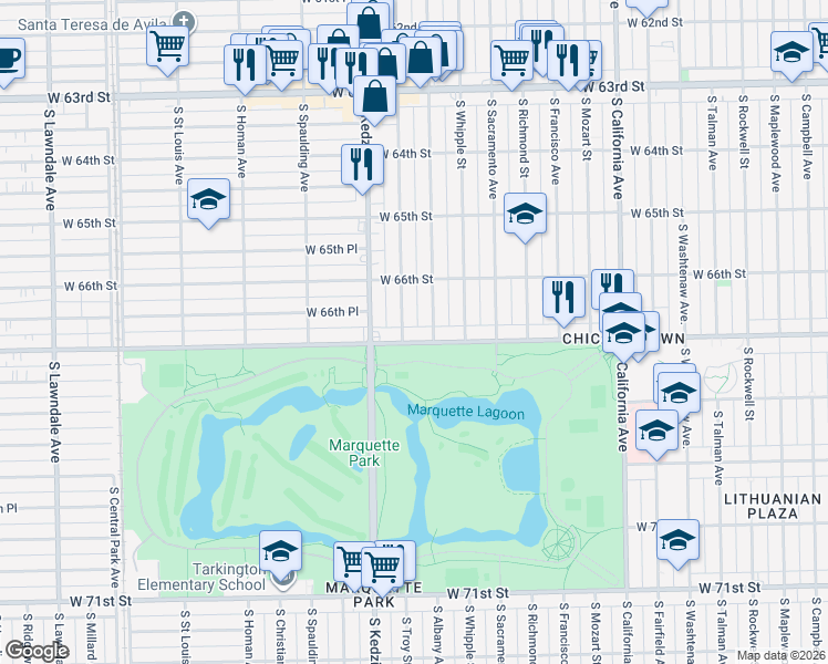 map of restaurants, bars, coffee shops, grocery stores, and more near 3134 West Marquette Road in Chicago