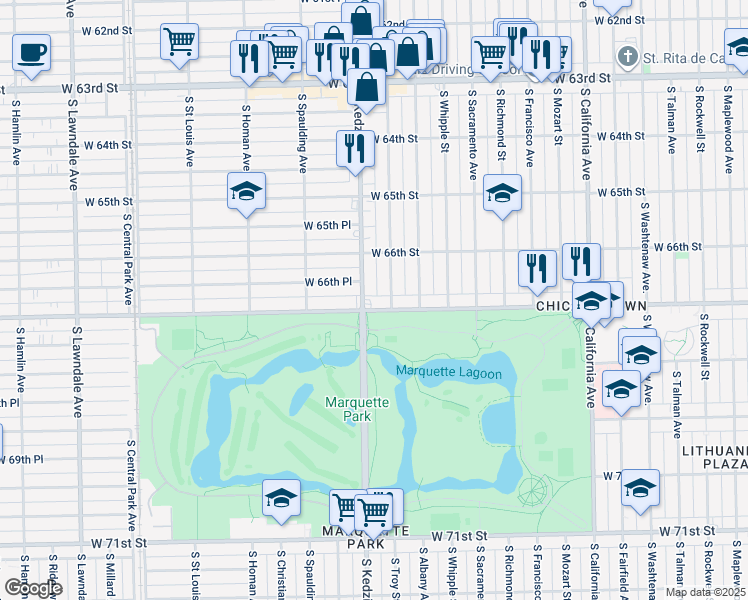 map of restaurants, bars, coffee shops, grocery stores, and more near 3134 West Marquette Road in Chicago