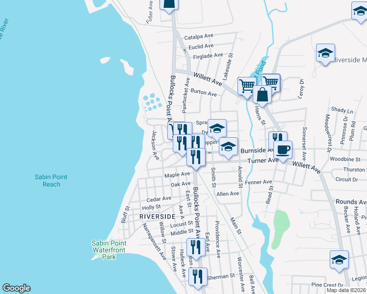 map of restaurants, bars, coffee shops, grocery stores, and more near 240 Bullocks Point Avenue in East Providence