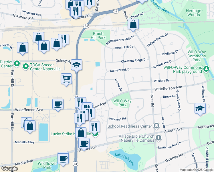 map of restaurants, bars, coffee shops, grocery stores, and more near 116 South Whispering Hills Drive in Naperville