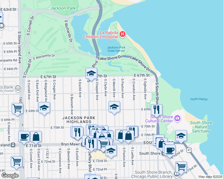 map of restaurants, bars, coffee shops, grocery stores, and more near 6756 South Merrill Avenue in Chicago