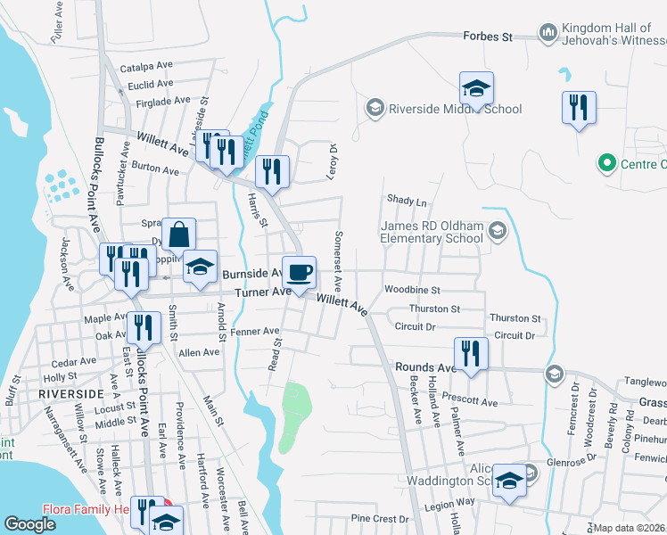 map of restaurants, bars, coffee shops, grocery stores, and more near 30 Somerset Ave in East Providence