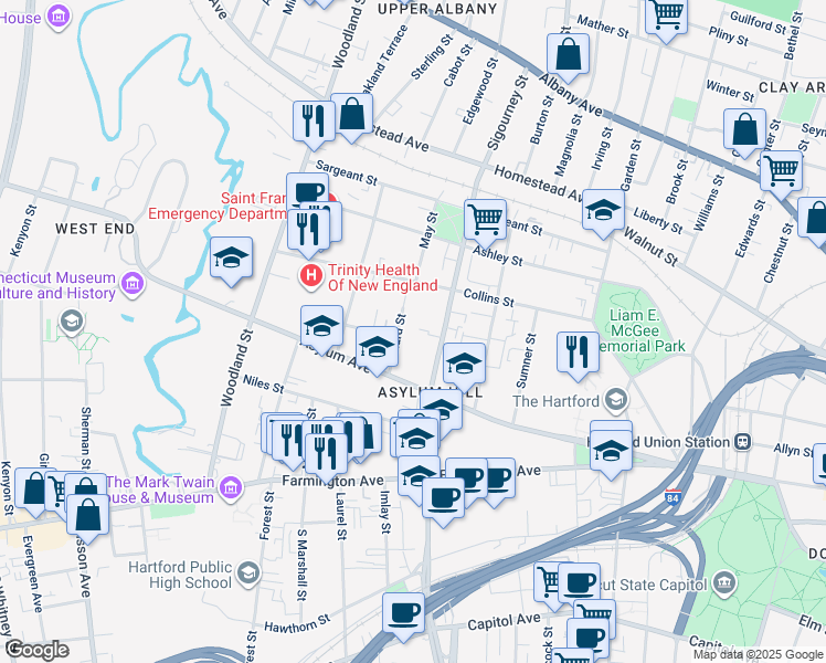 map of restaurants, bars, coffee shops, grocery stores, and more near 3450 Willard Street in Hartford