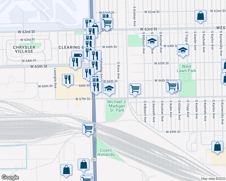 map of restaurants, bars, coffee shops, grocery stores, and more near 6633 South Kilpatrick Avenue in Chicago
