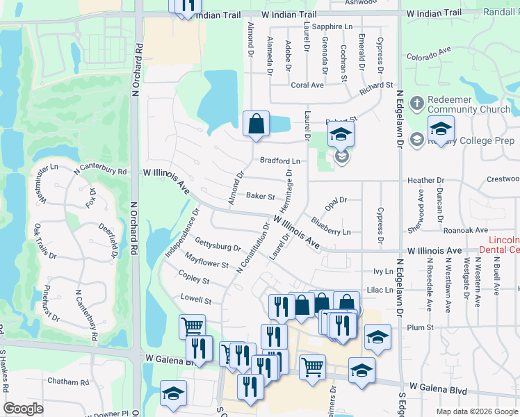 map of restaurants, bars, coffee shops, grocery stores, and more near 2161 W Illinois Ave in Aurora