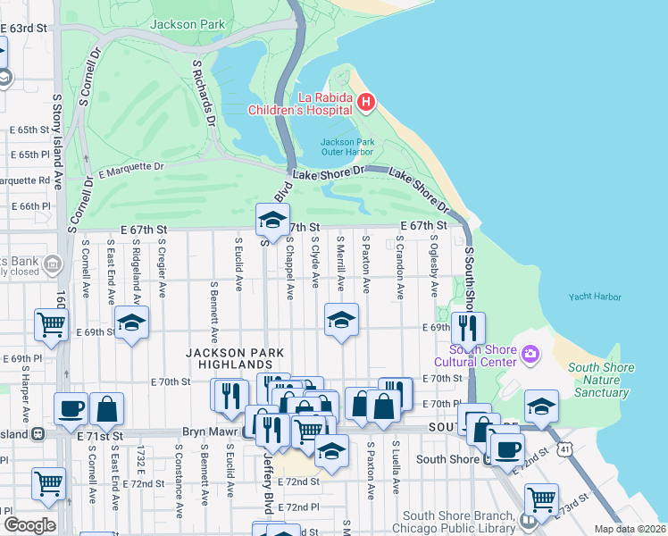 map of restaurants, bars, coffee shops, grocery stores, and more near 6750 South Merrill Avenue in Chicago