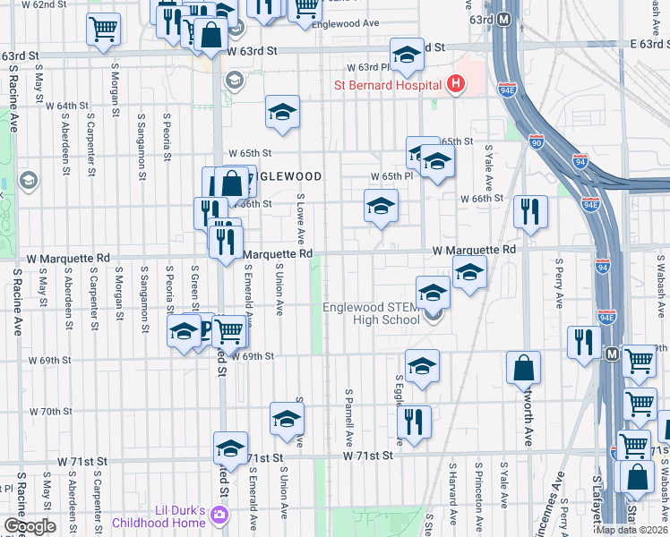 map of restaurants, bars, coffee shops, grocery stores, and more near 6716 South Parnell Avenue in Chicago