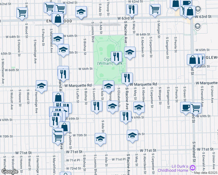 map of restaurants, bars, coffee shops, grocery stores, and more near 1303 West Marquette Road in Chicago