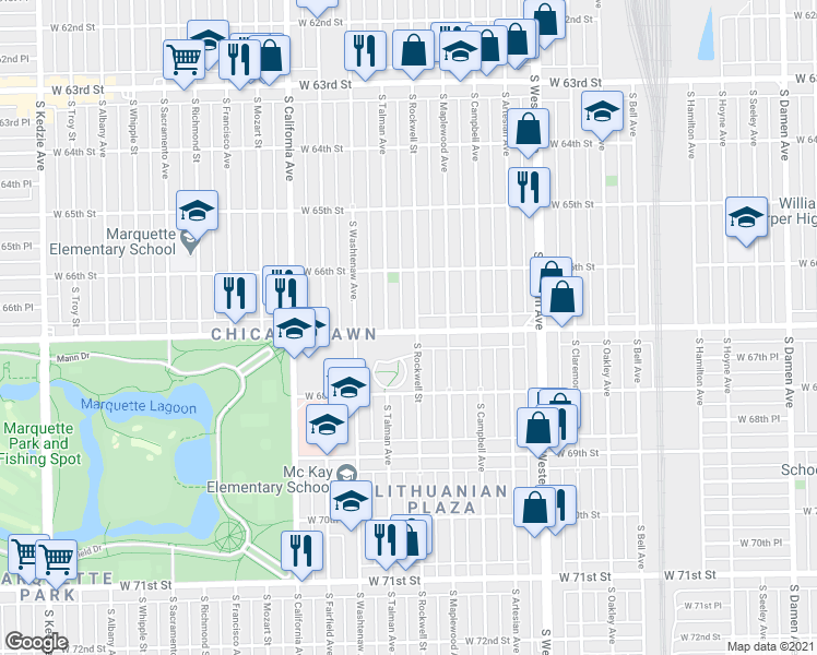 map of restaurants, bars, coffee shops, grocery stores, and more near 6658 South Rockwell Street in Chicago