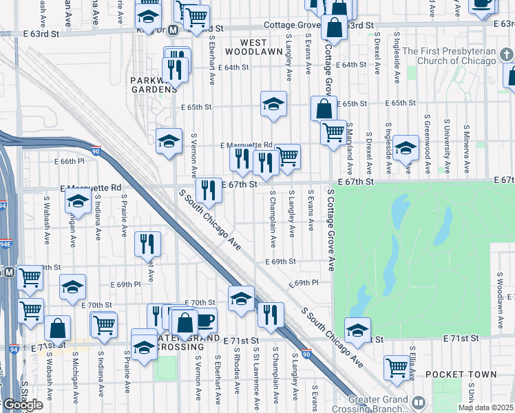map of restaurants, bars, coffee shops, grocery stores, and more near 6735 South Saint Lawrence Avenue in Chicago