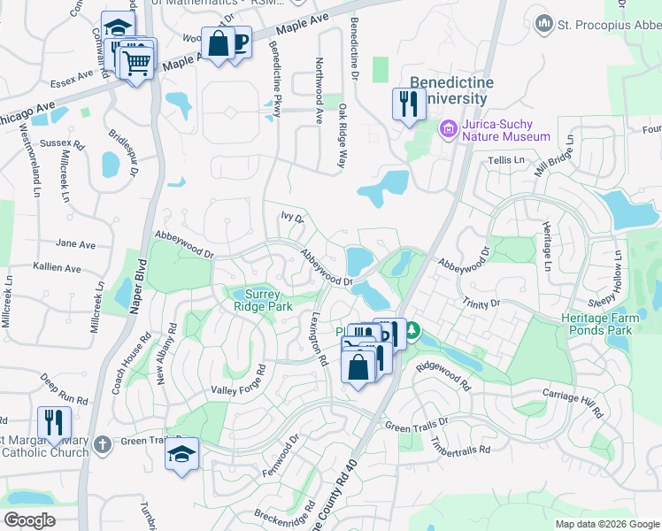 map of restaurants, bars, coffee shops, grocery stores, and more near 2587 Oakton Court in Lisle