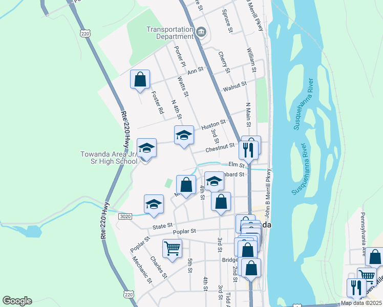 map of restaurants, bars, coffee shops, grocery stores, and more near 101 North 4th Street in Towanda