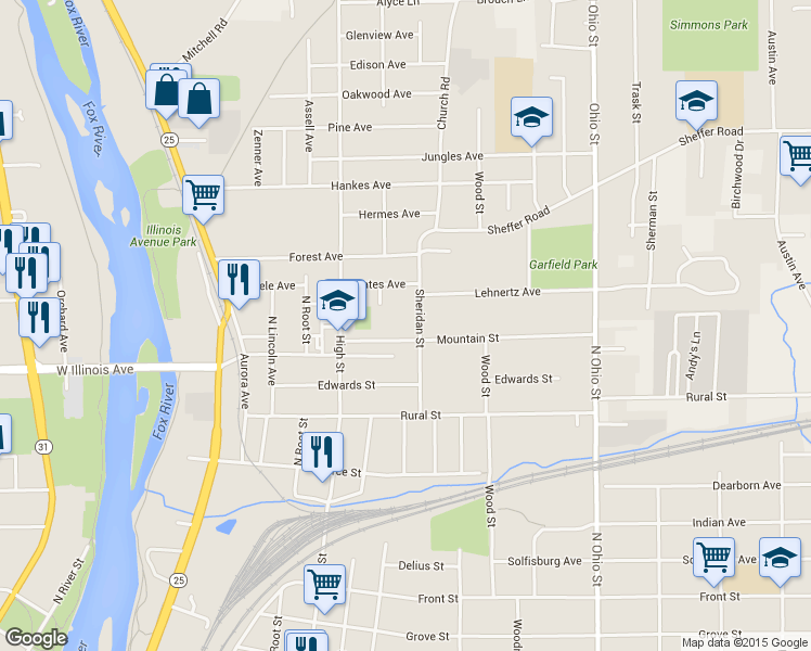 map of restaurants, bars, coffee shops, grocery stores, and more near 710 Sheridan Street in Aurora