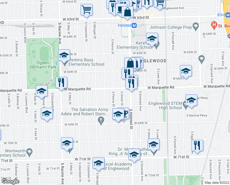 map of restaurants, bars, coffee shops, grocery stores, and more near 6711 South Peoria Street in Chicago