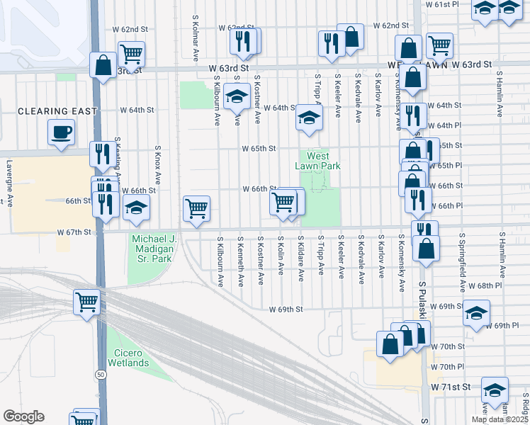 map of restaurants, bars, coffee shops, grocery stores, and more near 6635 South Kostner Avenue in Chicago