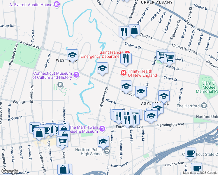 map of restaurants, bars, coffee shops, grocery stores, and more near 1075 Asylum Avenue in Hartford