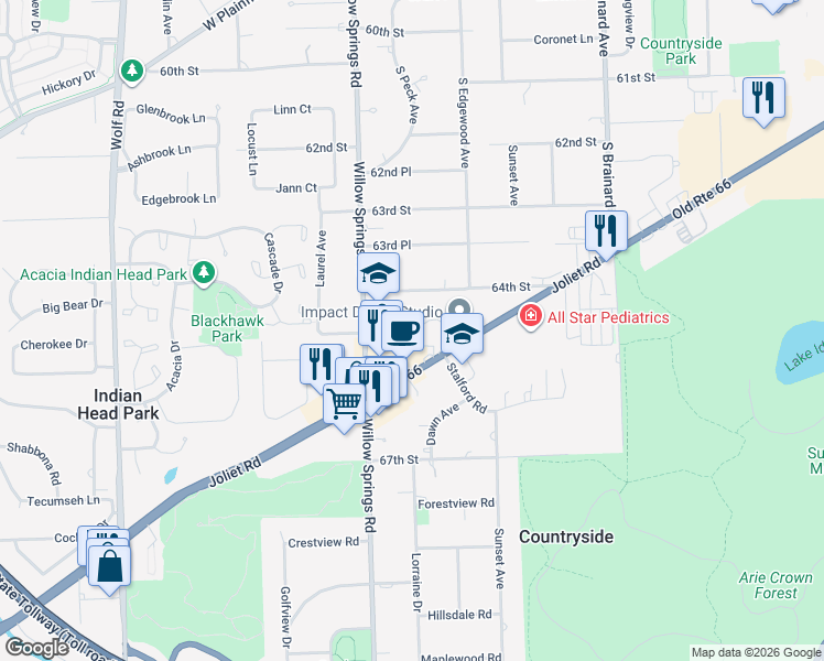 map of restaurants, bars, coffee shops, grocery stores, and more near Clock Tower Drive in Countryside