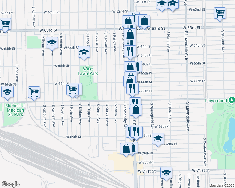map of restaurants, bars, coffee shops, grocery stores, and more near 6637 South Karlov Avenue in Chicago