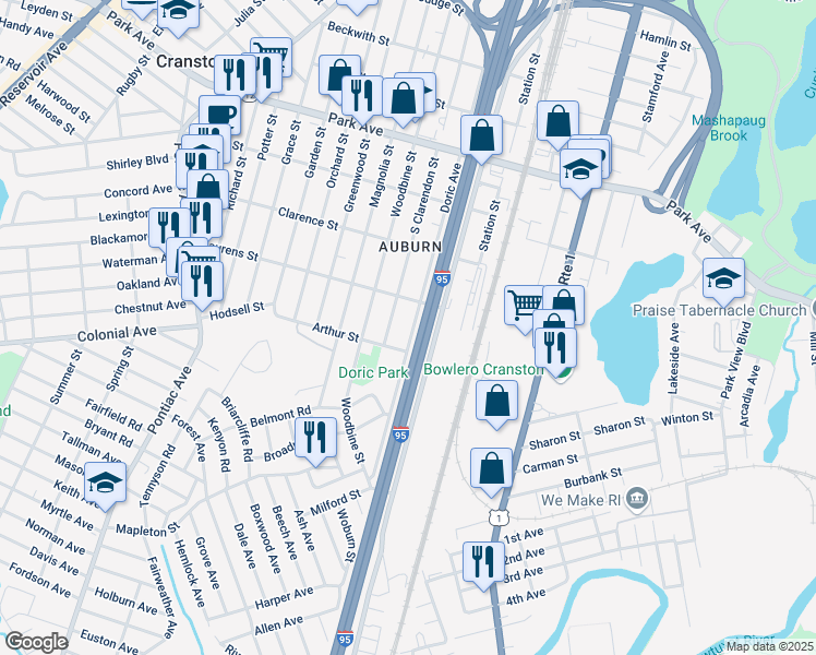map of restaurants, bars, coffee shops, grocery stores, and more near 439 Doric Avenue in Cranston