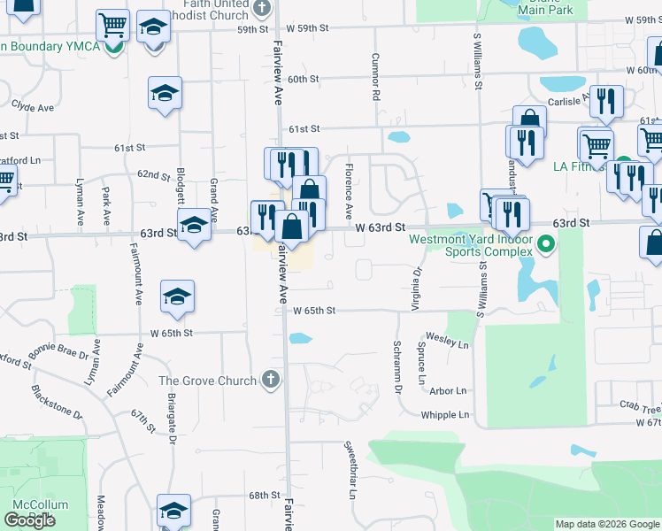 map of restaurants, bars, coffee shops, grocery stores, and more near 1245 Connamara Court in Westmont