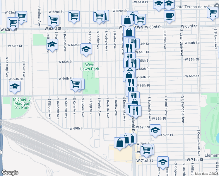 map of restaurants, bars, coffee shops, grocery stores, and more near 6637 South Kedvale Avenue in Chicago