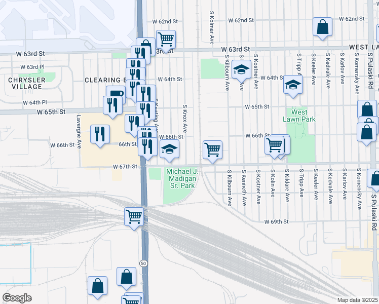 map of restaurants, bars, coffee shops, grocery stores, and more near 6633 South Knox Avenue in Chicago