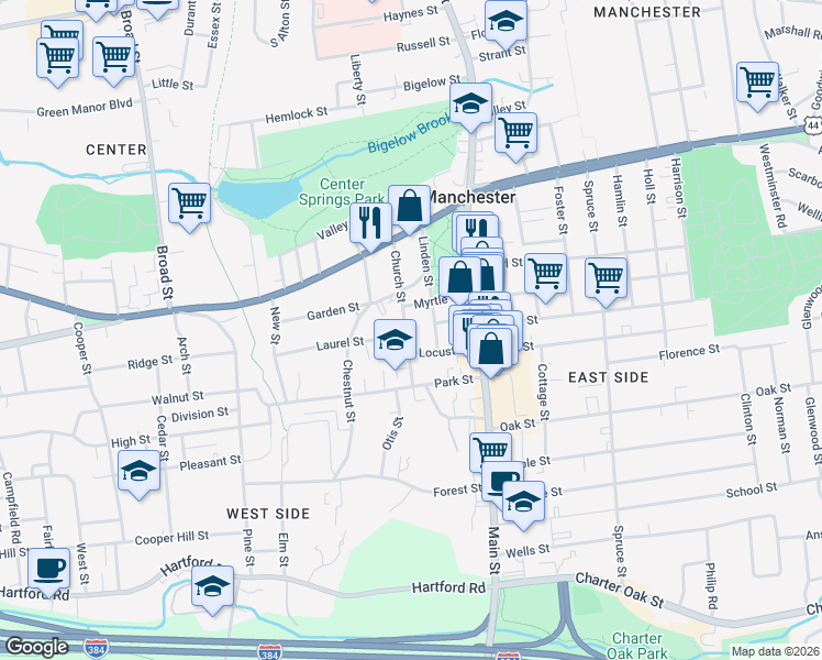 map of restaurants, bars, coffee shops, grocery stores, and more near 73 Church Street in Manchester