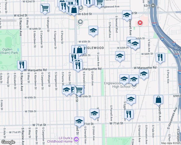 map of restaurants, bars, coffee shops, grocery stores, and more near 6716 South Union Avenue in Chicago