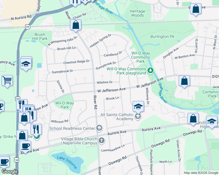 map of restaurants, bars, coffee shops, grocery stores, and more near 1221 West Jefferson Avenue in Naperville