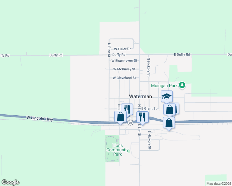 map of restaurants, bars, coffee shops, grocery stores, and more near 320 North Pine Street in Waterman