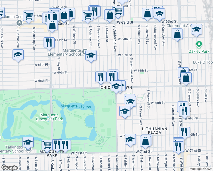 map of restaurants, bars, coffee shops, grocery stores, and more near 2834 West Marquette Road in Chicago