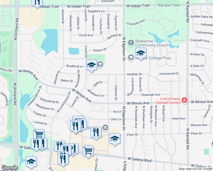 map of restaurants, bars, coffee shops, grocery stores, and more near 756 Redwood Drive in Aurora