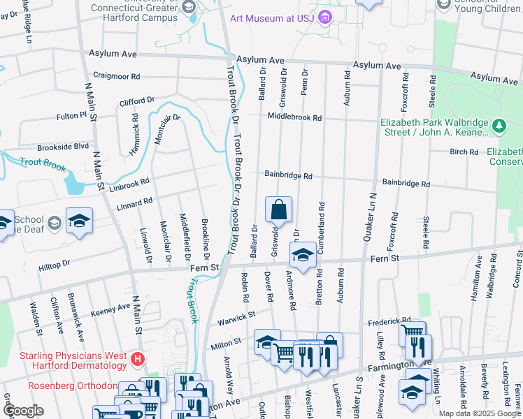 map of restaurants, bars, coffee shops, grocery stores, and more near 74 Ballard Drive in West Hartford